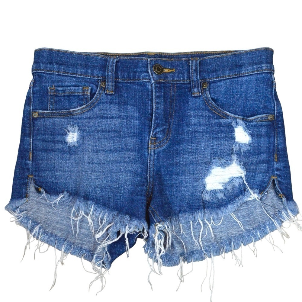 Eunina Cleo Denim Mid‎ Rise Distressed Raw High Low Shortie Shorts, Size Small